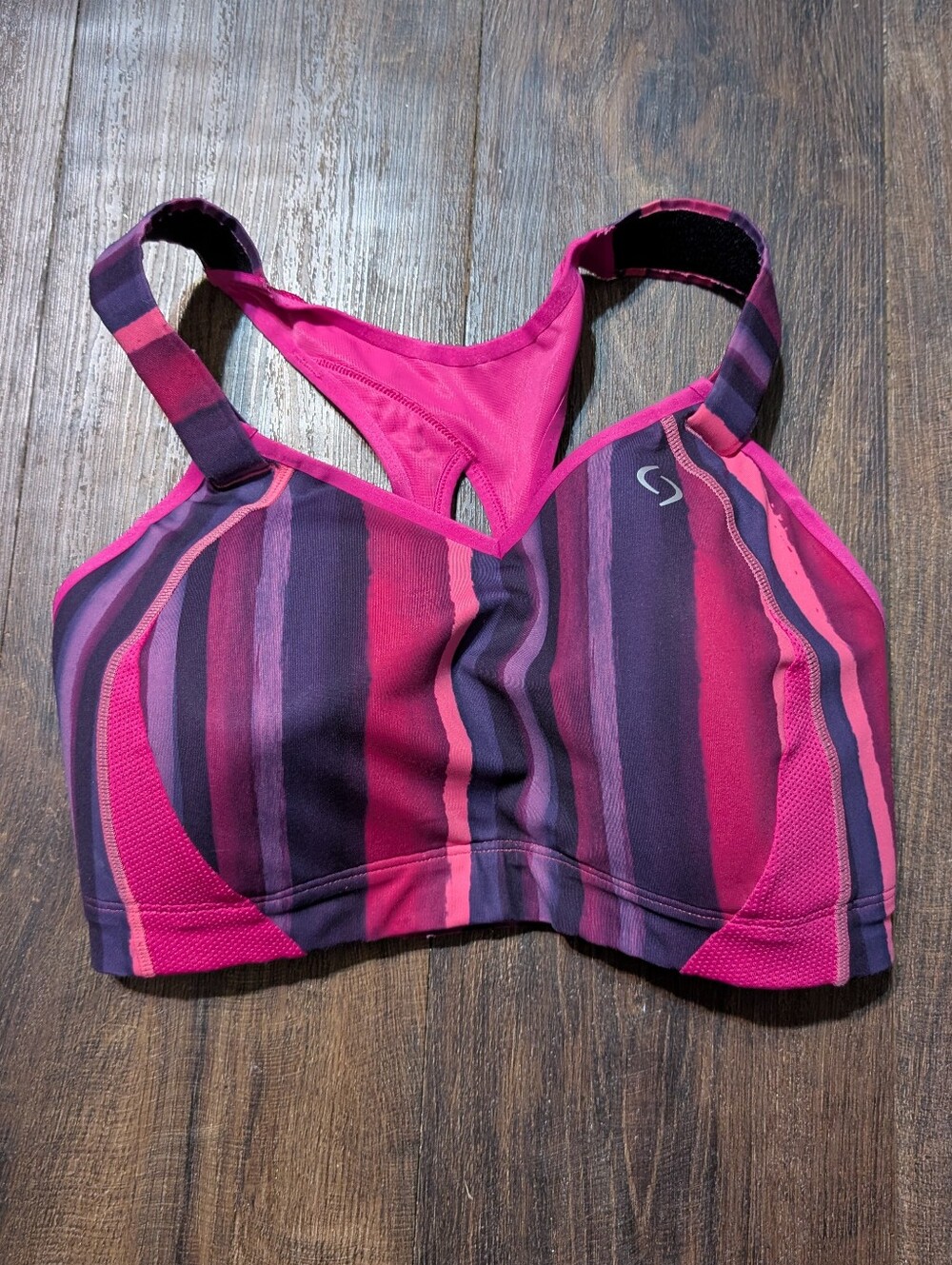Brooks 34E Juno Pink and Purple Striped Sports Bra Adjustable Straps
